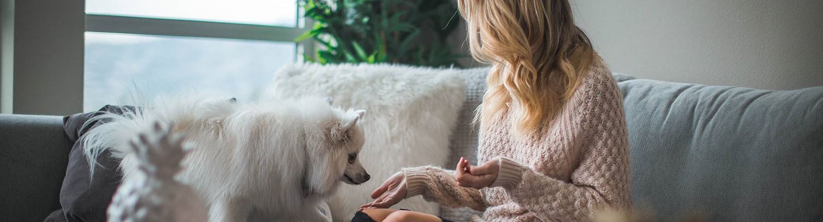 Kvinna sitter i soffan med sin hund och ger hunden godis